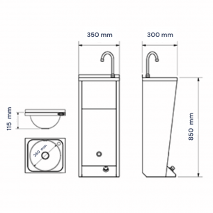 MEDIDAS DE LAVAMANOS REGISTRABLE C/PEDESTAL UN PULSADOR SERIE XS AGUA FRÍA Y CALIENTE