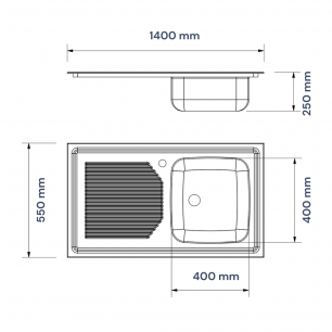 Medidas de Fregadero inox con 2 cubetas y escurridor de 550mm