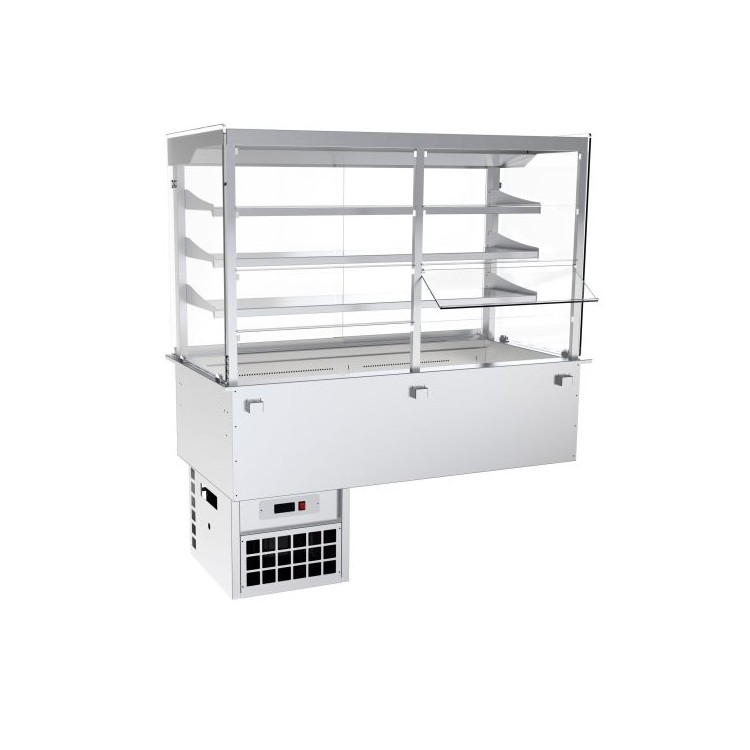 Vitrina central refrigerada recta de 3 niveles con cuba fría ventilada y puertas abatibles