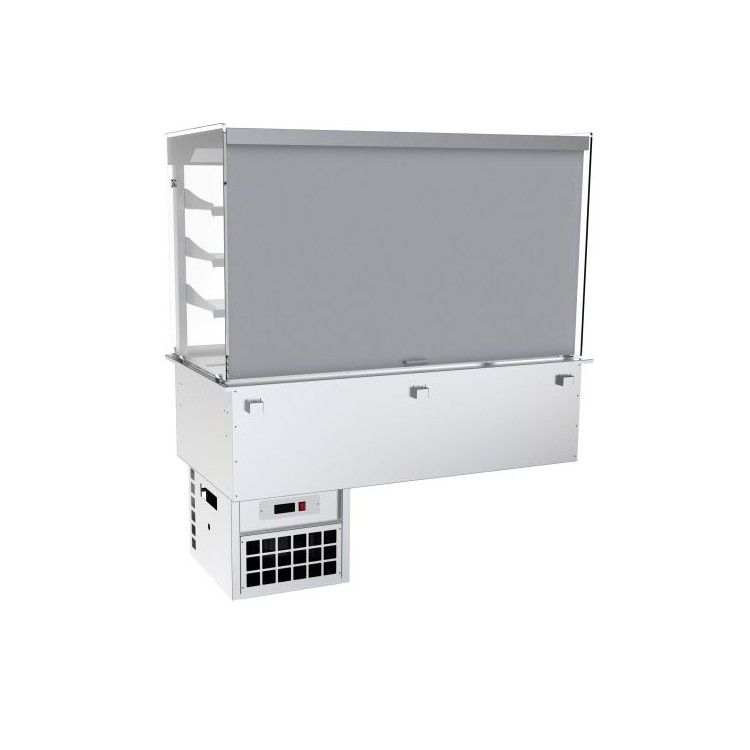 Vitrina mural refrigerada recta de 3 niveles con cuba fría ventilada y termo cortina Vitrina mural refrigerada recta de 3 niveles con cuba fría ventilada y termo cortina
