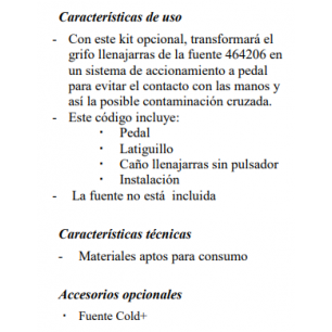 Ficha técnica de pedal de accionamiento y llenajarras