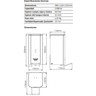 Dimensiones del dispensador